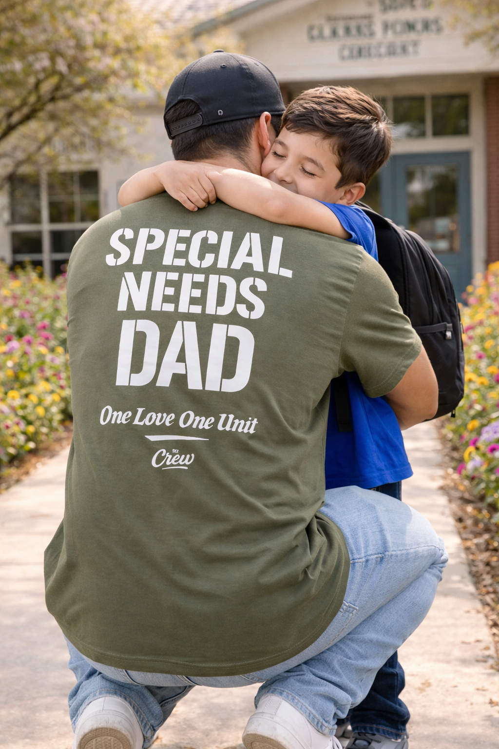Man wearing a green t-shirt with 'Special Needs Dad' text, hugging a child outdoors.