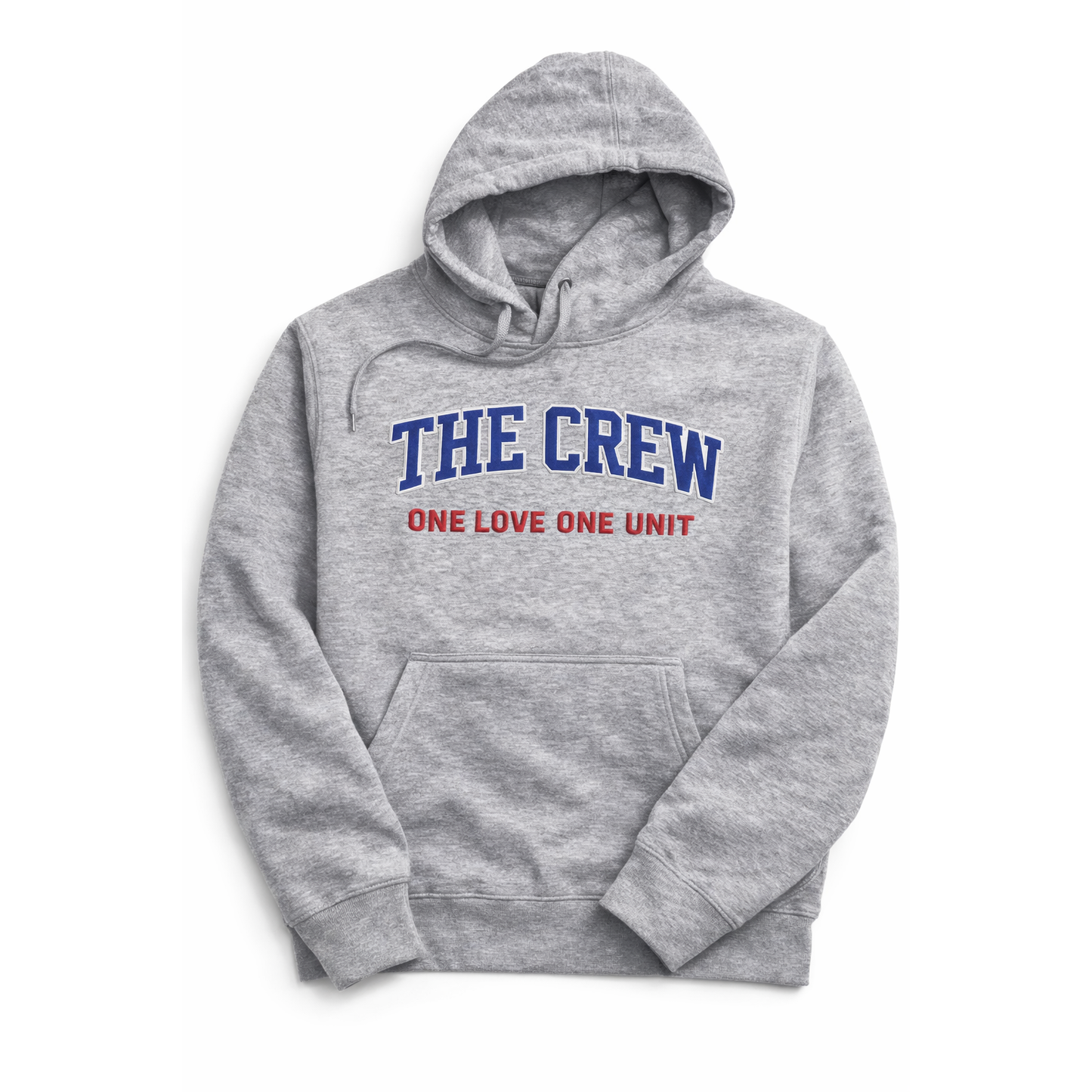 Gray hoodie with 'THE CREW ONE LOVE ONE UNIT' text on a white background