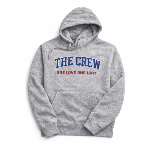 Gray hoodie with 'THE CREW ONE LOVE ONE UNIT' text on a white background